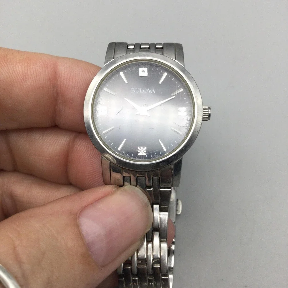 Bulova Womens Watch 27mm Black Dial Stainless Steel B96P148 New Battery 7.5